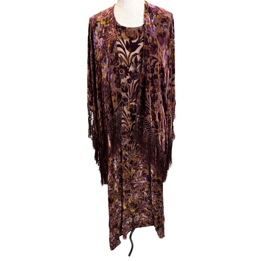Shiba 1990s Womens Shawl Dress Size Large Brown Purple Burnout Silk Velvet Party - Picture 2 of 16